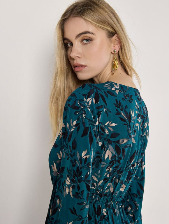 Leaf Print Mini Dress, Teal, large