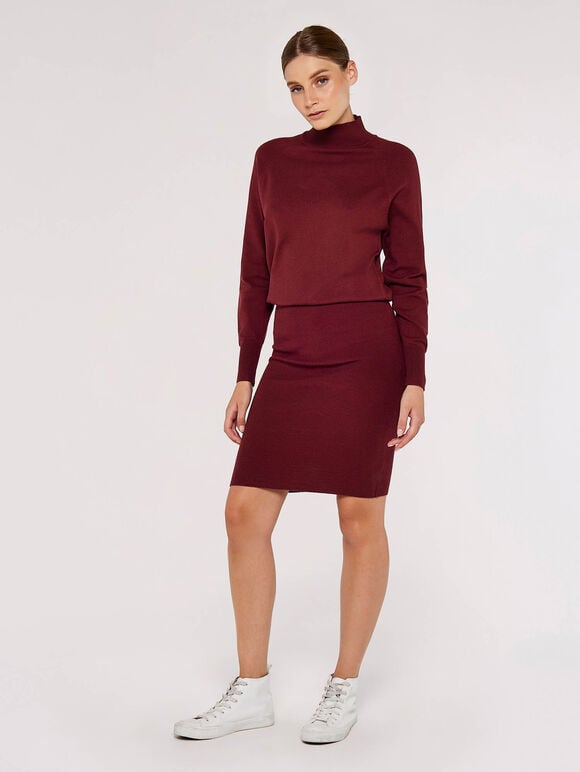Ribbed Skirt Mini Dress, Burgundy, large