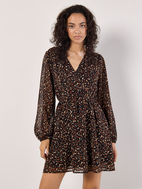 Animal Print Wrap Mini Dress, Rust, large