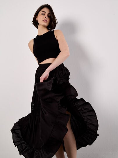 Crochet Panel Tiered Midi Skirt
