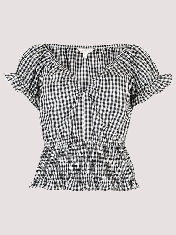 Gingham Smock Detail Top, Black, large