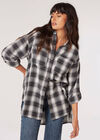 Cotton Blend Oversized Check Shirt, Grey, large