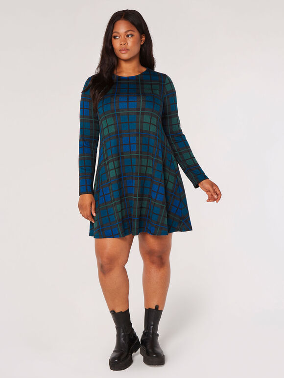 Curve Check Swing Mini Dress , Blue, large