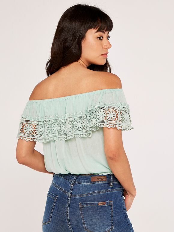 Off Shoulder Broderie Shirred Top, Mint, large