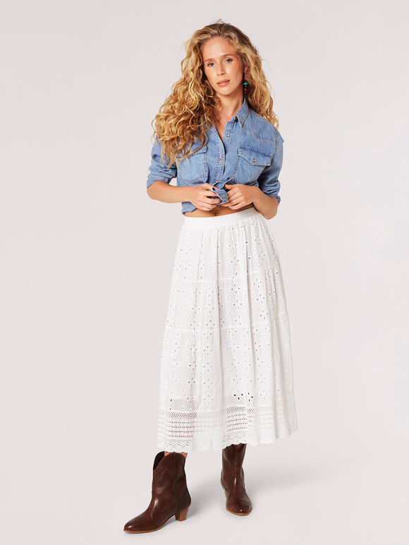 Broderie Cotton Crochet Midi Skirt, White, large