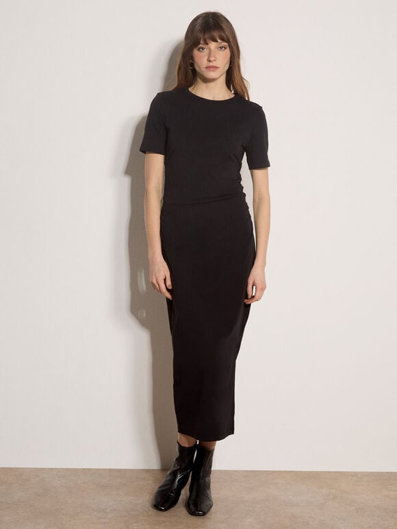 Cotton Ruched T-Shirt Maxi Dress, Black, large