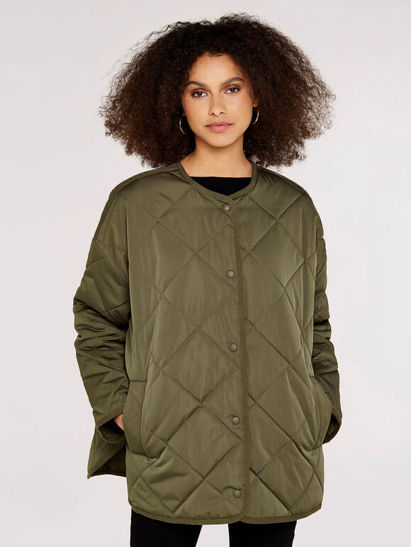 Collarless Quilted Jacket, Khaki, large