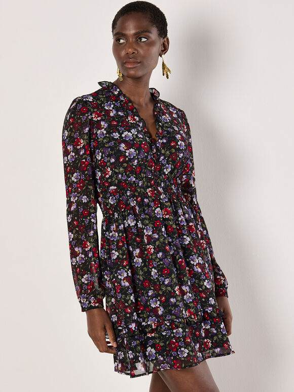 Floral Ruffle Chiffon Mini Dress, Red, large