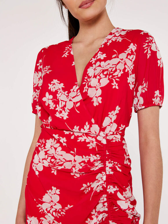 Floral Ruched Front Dress, Red, large
