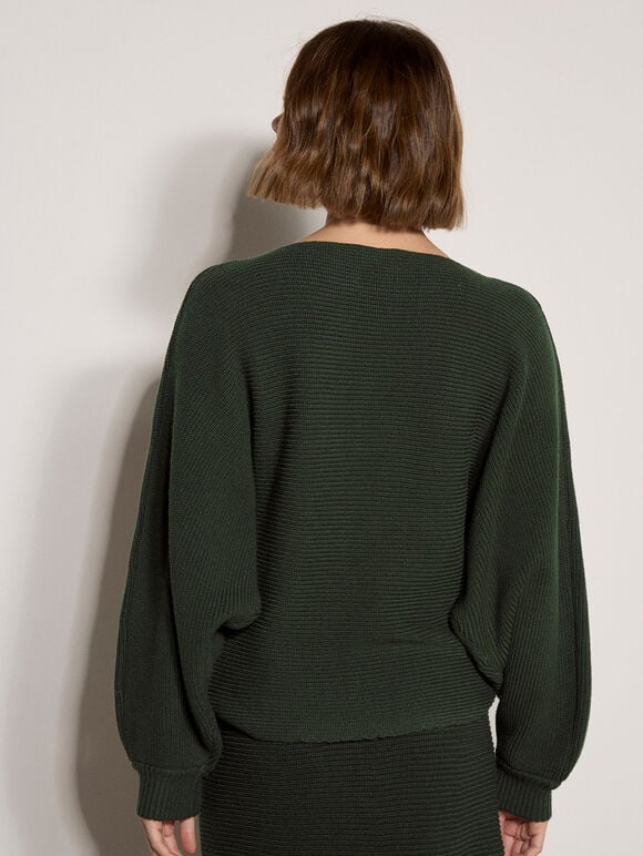 Ribbed Knit Batwing Jumper, Green, large