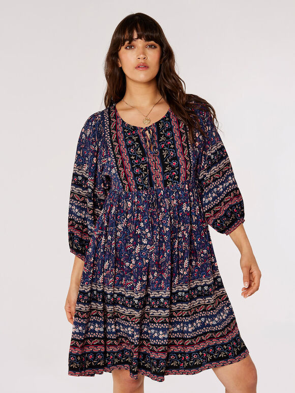 Folk Border Print Mini Dress, Red, large