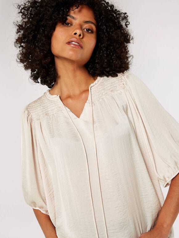 Satin Smock Detail Blouse, Stone, large