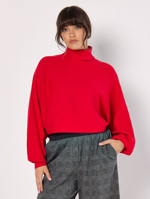 Ribbed Roll Neck Batwing Jumper, Red, large