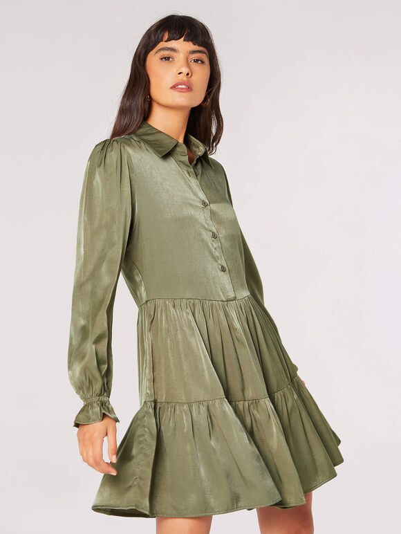 Satin Shirt Mini Dress, Khaki, large