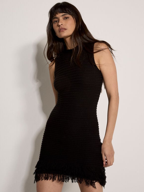 Rib Knit Fringe Bodycon Mini Dress, Black, large