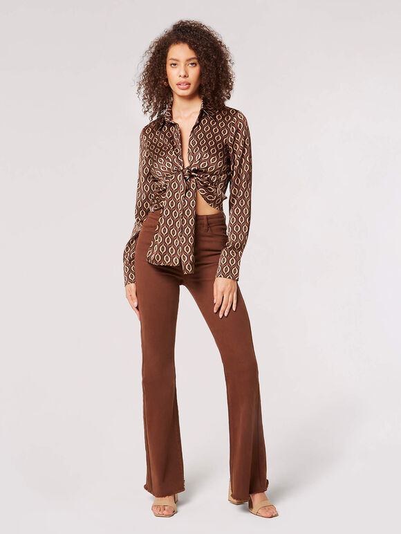 Geomteric Tie Front Satin Shirt, Brown, large
