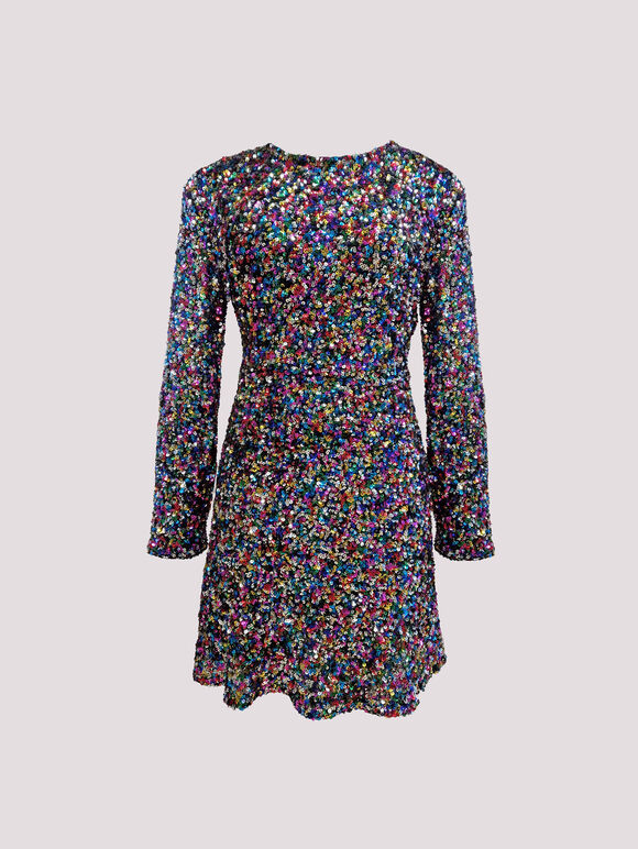 Rainbow Sequin Fit And Flare Mini Dress, Black, large