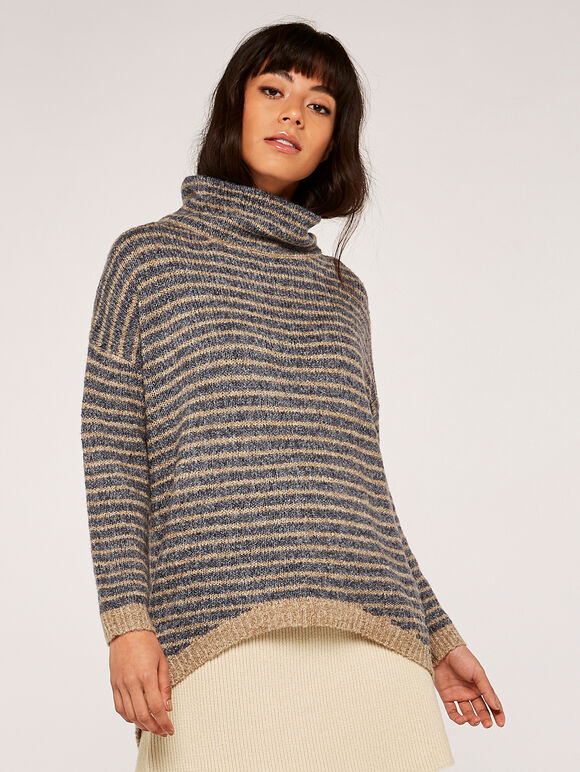 High Neck Stripe Jumper, Grey, large