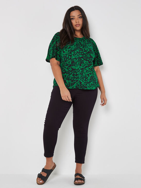 Curve Silhouette Jersey-Top mit Blumenmuster, Schwarz, Größe L