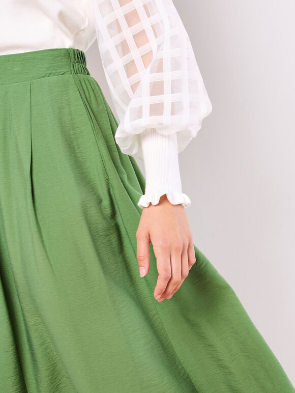 Pleated A-Line Midi Skirt, Green, large