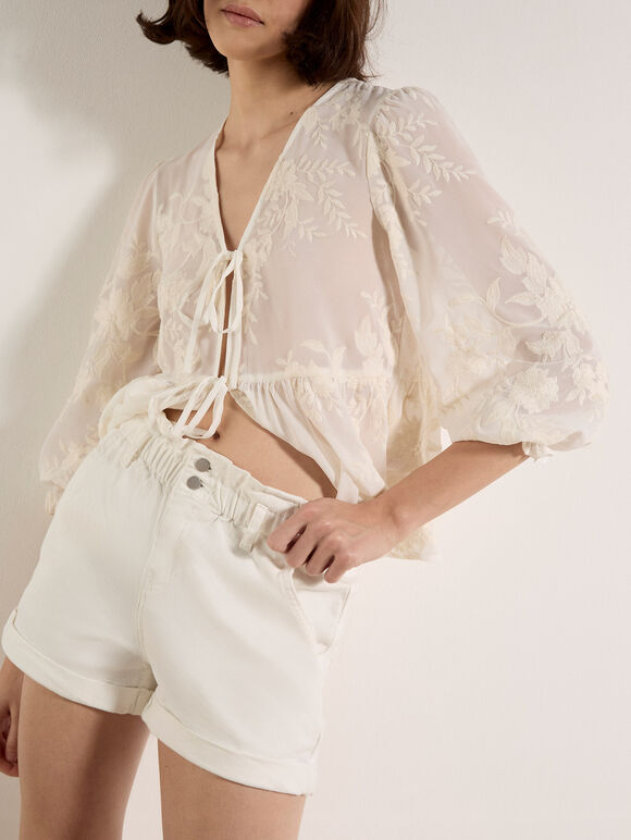 Ruched Denim Rolled Hem Shorts, White, large