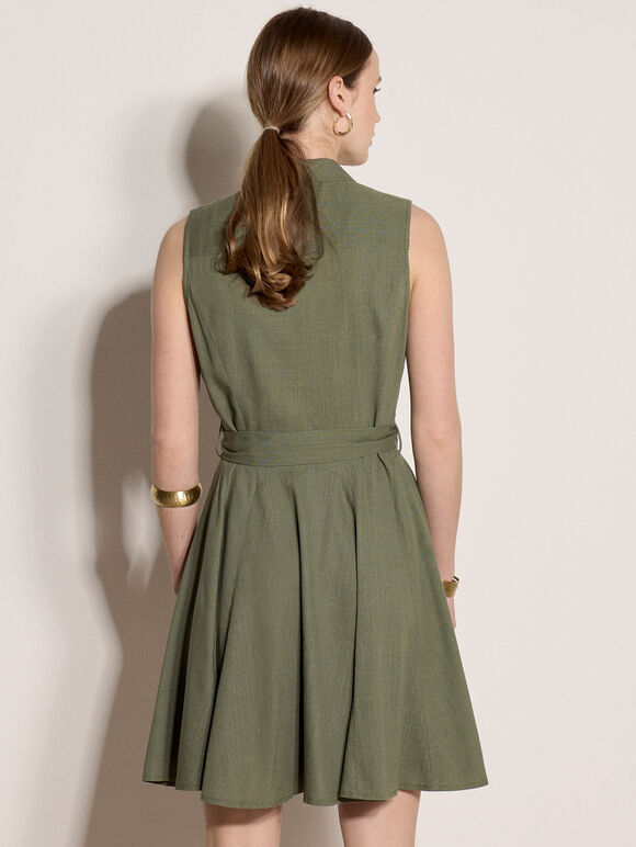 Linen Blend Shirt Mini Dress, Khaki, large
