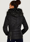 Faux Fur Hood Puffer Jacket, Black, large