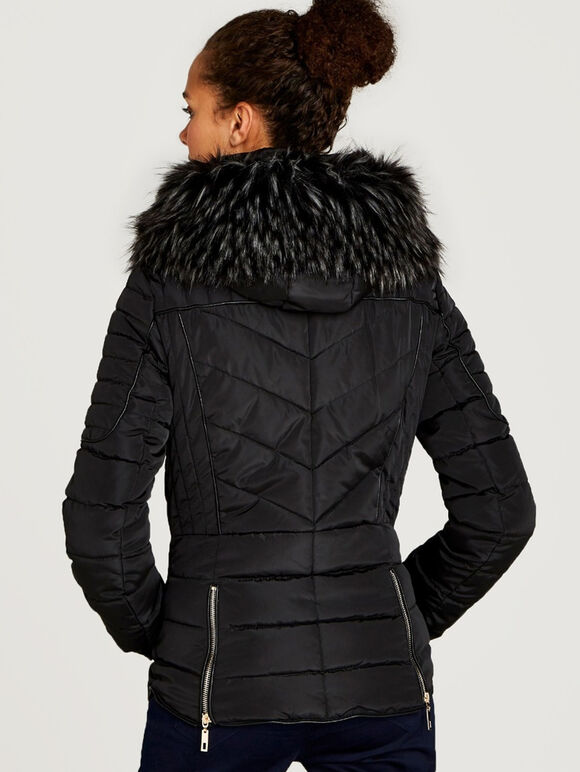 Faux Fur Hood Puffer Jacket, Black, large