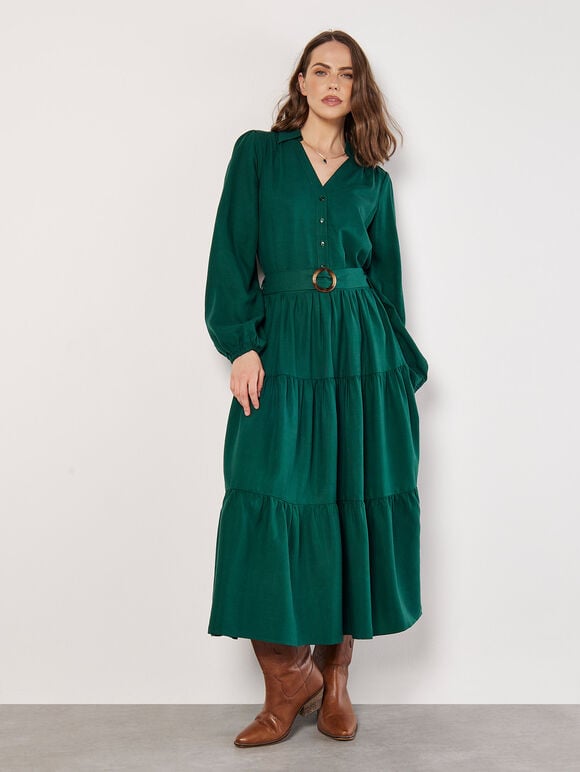 Belted Tiered Maxi Skirt, Green, large