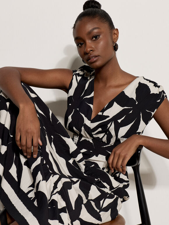 Floral Silhouette Tiered Midi Dress, Black, large