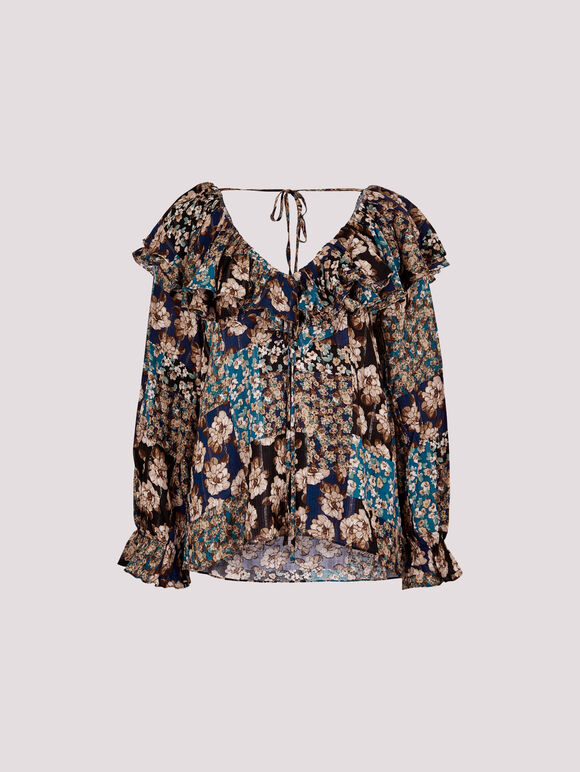 Patchwork Floral Shimmer Ruffle Blouse, Teal, large