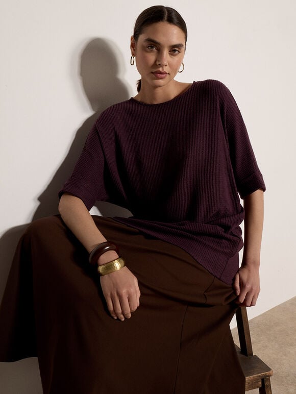 Soft-Touch Batwing Waffle Knit Top, Purple, large