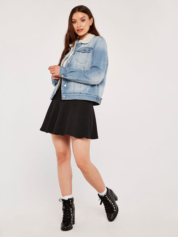 Denim Teddy Fur Lined Jacket, Blue, large