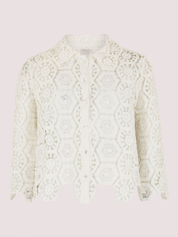 Geometric Cotton Crochet Shirt, White, large