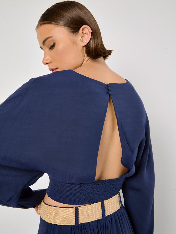 Split Back Crop Top, Navy, large