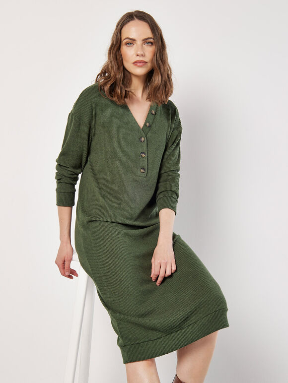 Ribbed Knit Midi Dress, Green, large