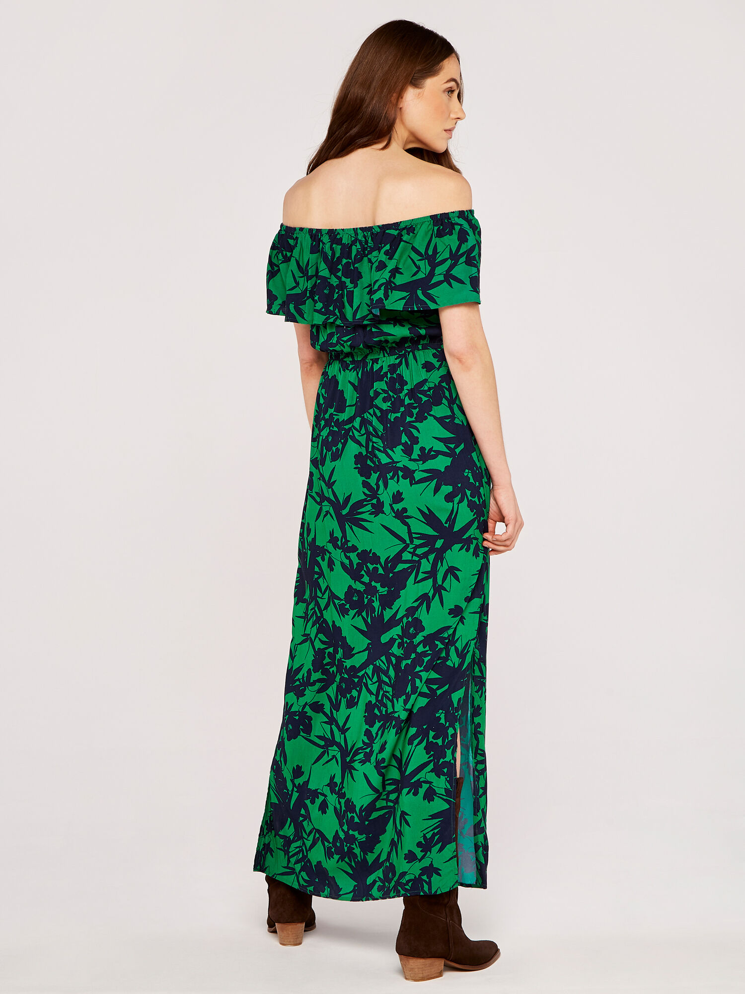Tropical Silhouette Print Bardot Dress Apricot Clothing