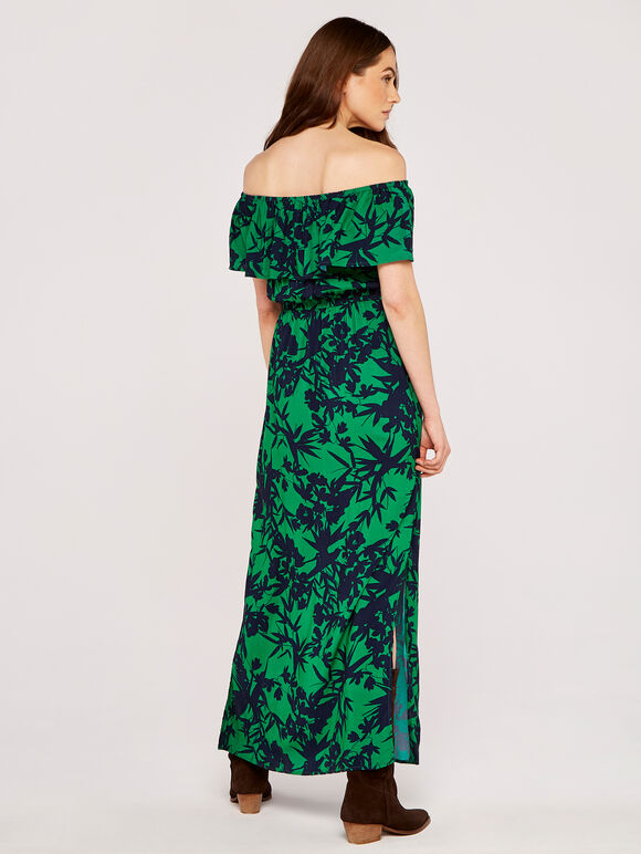 Tropical Silhouette Print Bardot Dress, Green, large