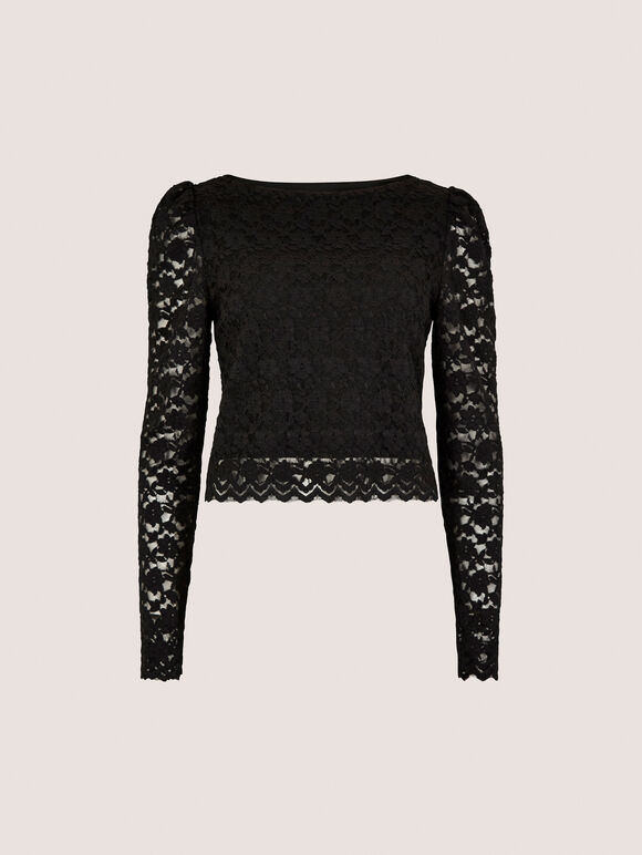 Floral Leaf Lace Top, Black, large