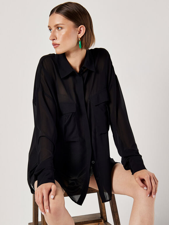 Oversized Chiffon Shirt, Black, large
