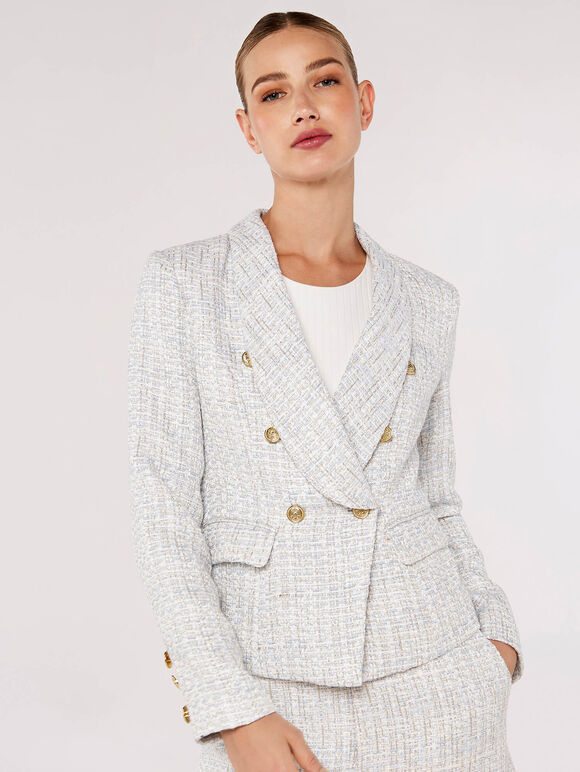 Tweed Cropped Blazer, Blue, large