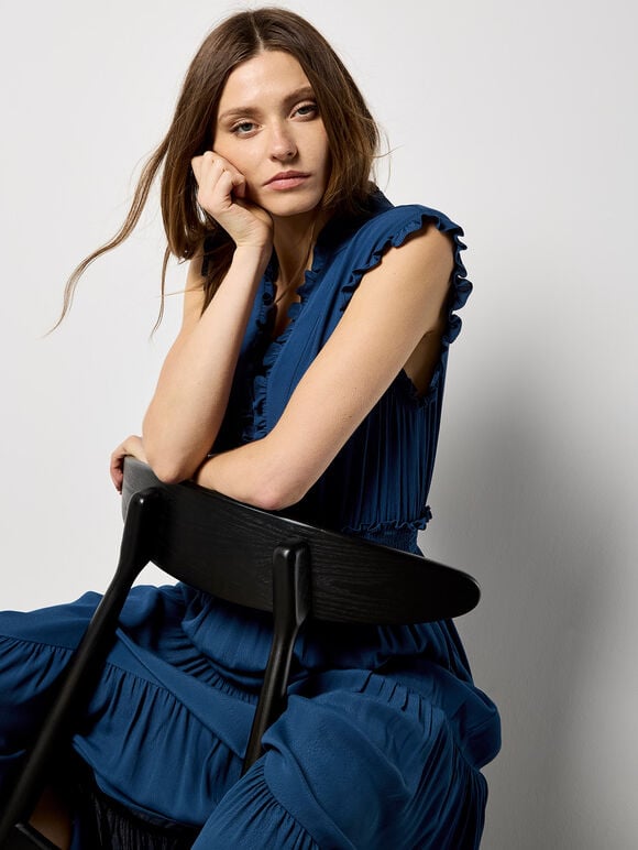 V-Neck Ruffle Tiered Maxi Dress, Blue, large