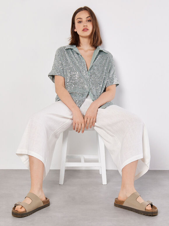 Sequin Embellished Relaxed Shirt, Mint, large