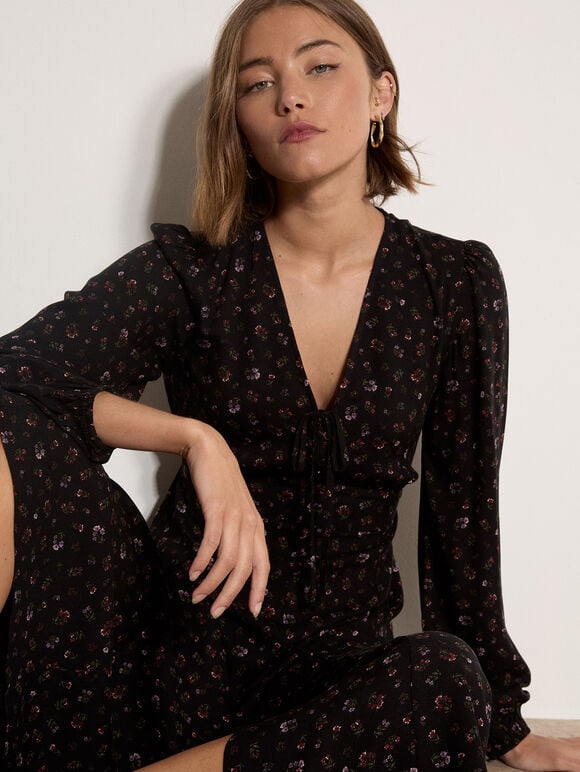 Floral Print Midi Tea Dress, Black, large