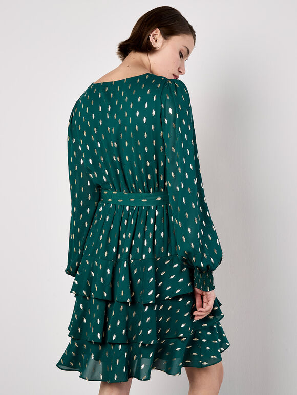 Gold Foil Spot Tiered Mini Dress, Green, large