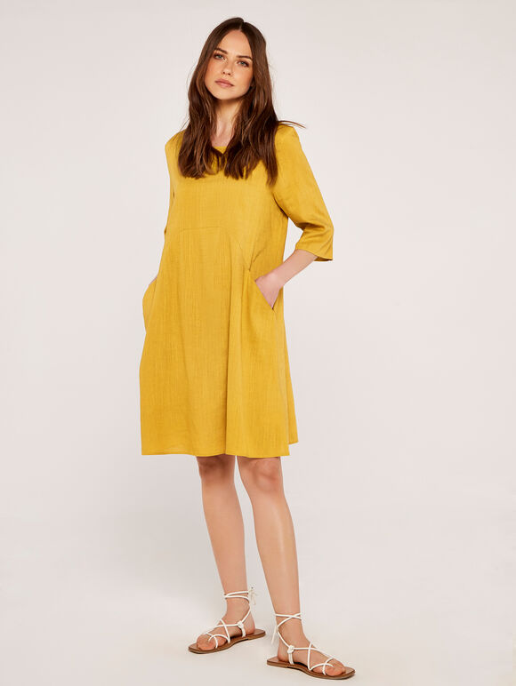 Linen Dress with Pockets, Mustard, large