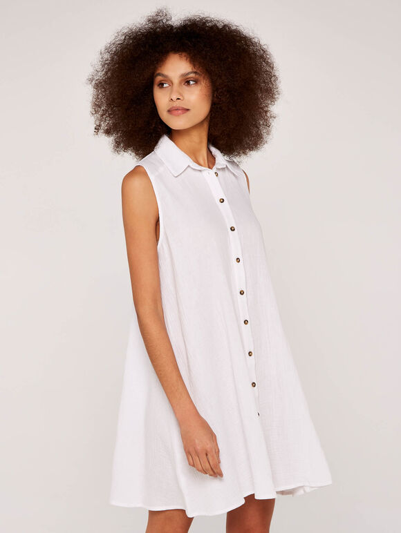 Sleeveless Swing Shirt Dress, White, large