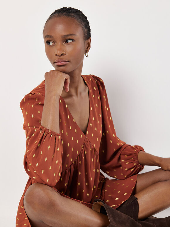 Gold Foil Mini Dress, Rust, large