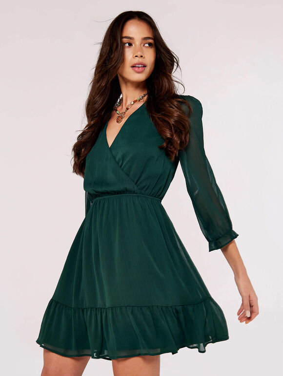 Crinkle Chiffon Wrap Mini Dress, Green, large