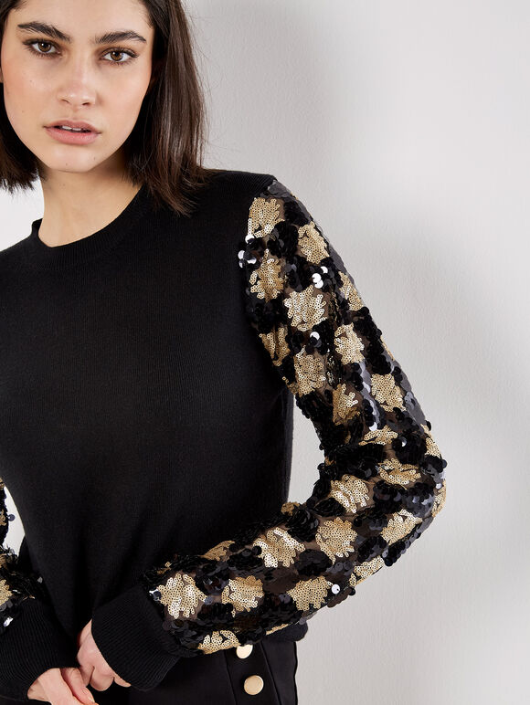 Sequin Arm Embellished Jumper, Black, large